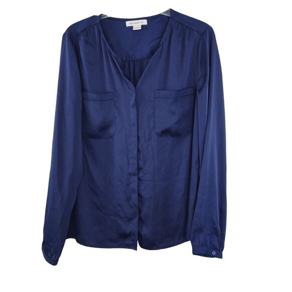 Liz Claiborne Shirt Blouse Women Size L Blue Long Sleeve Pockets Hidden Buttons - Picture 1 of 9